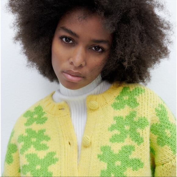 New Zara Knit Yellow Green Floral Jacquard Print Button Up Chunky Cardigan S - Picture 4 of 8